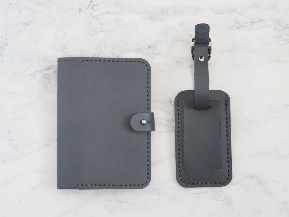 Genuine Leather Handmade Passport Holder & Luggage Tag Gift Set - Grey