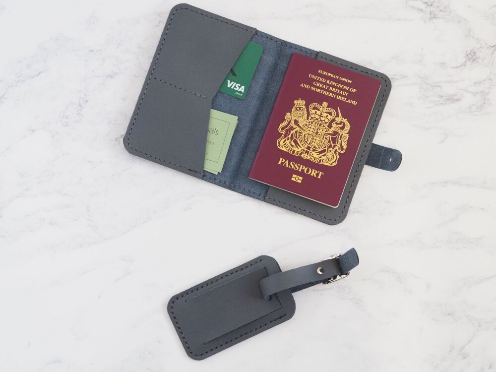 Genuine Leather Handmade Passport Holder & Luggage Tag Gift Set - Grey