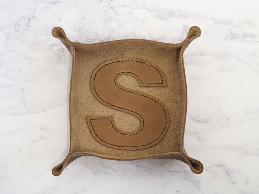 Genuine Handmade Tan Brown Leather Tray - Large Letter S - SUPER SECONDS