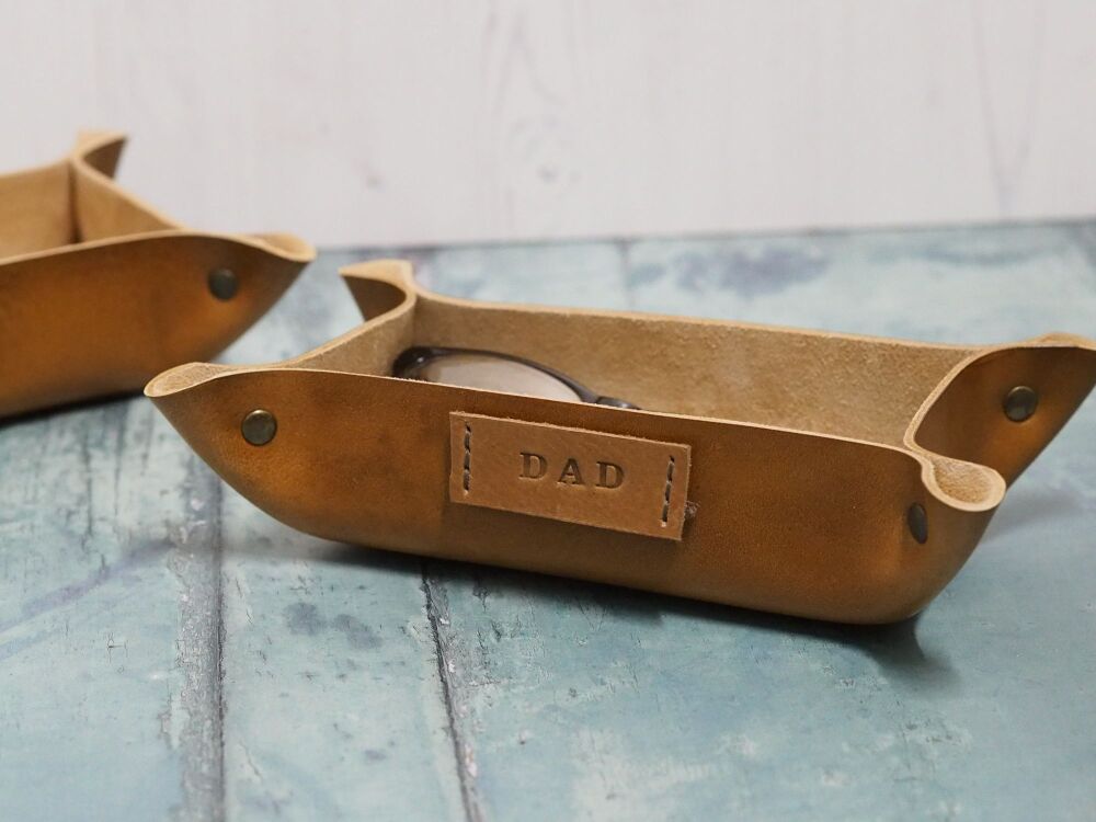 Gift Idea for Him - Leather Coin / Valet Tray - Personalised Small Rectangle - Hand Dyed Tan Brown - SUPER SECONDS