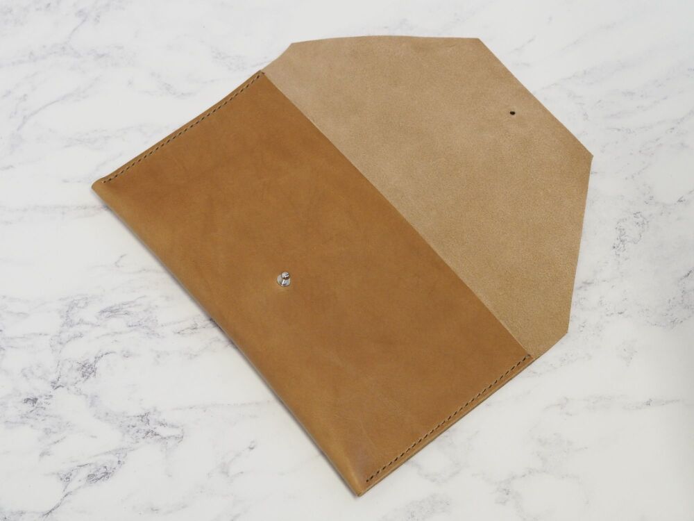 Genuine Hand Stitched Leather Clutch Bag - Tan Brown
