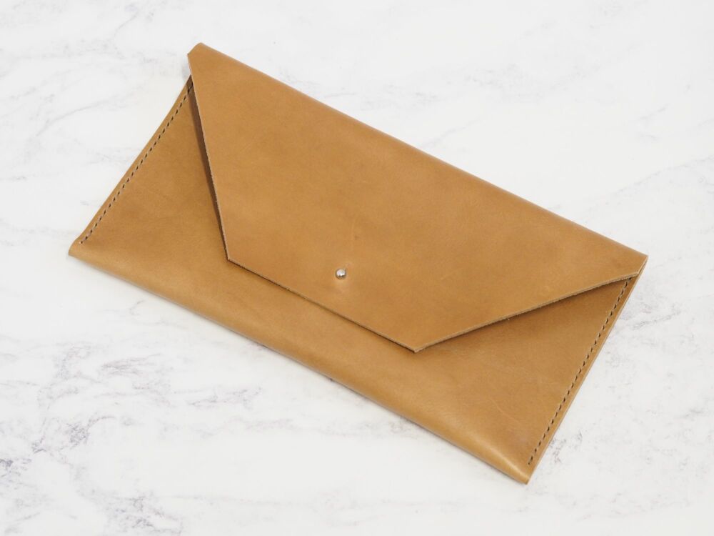 Genuine Hand Stitched Leather Clutch Bag - Original Tan Brown