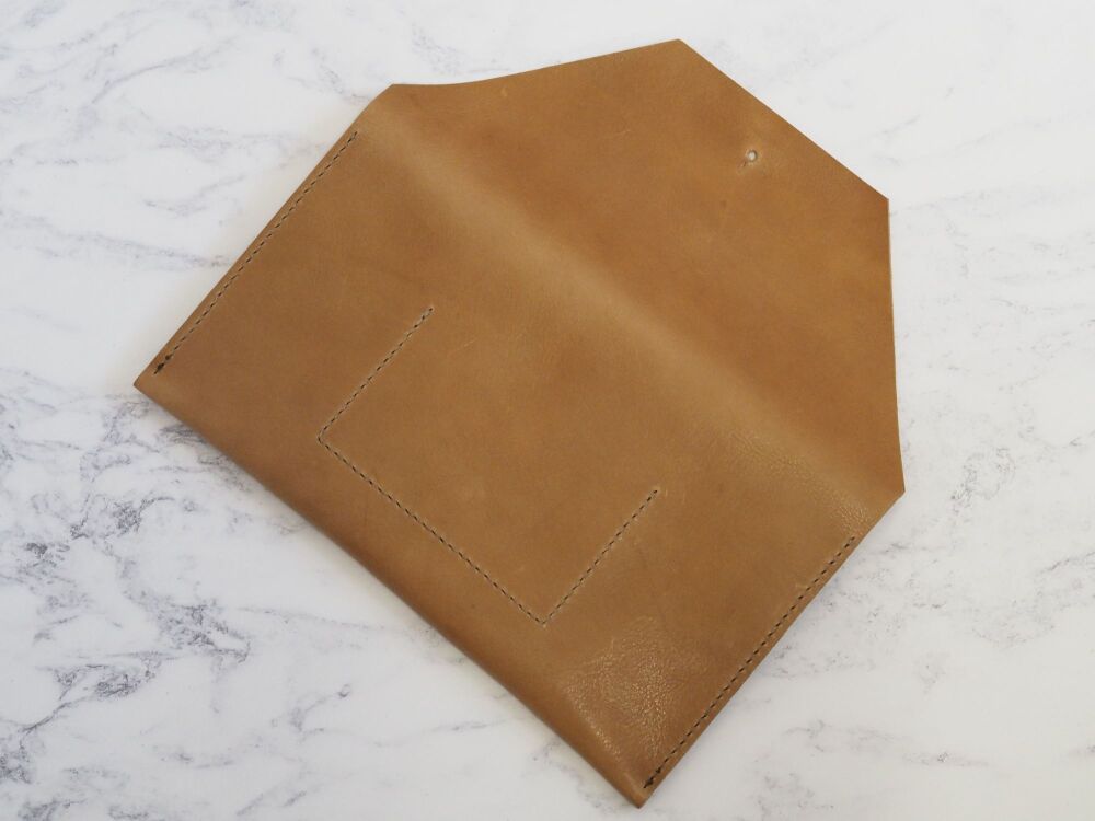 Genuine Hand Stitched Leather Clutch Bag - Original Tan Brown