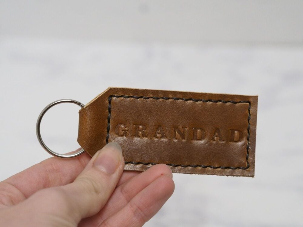 Handmade Leather Personalised Key Ring Gift for Grandad - Hand Dyed Tan Brown & Cream
