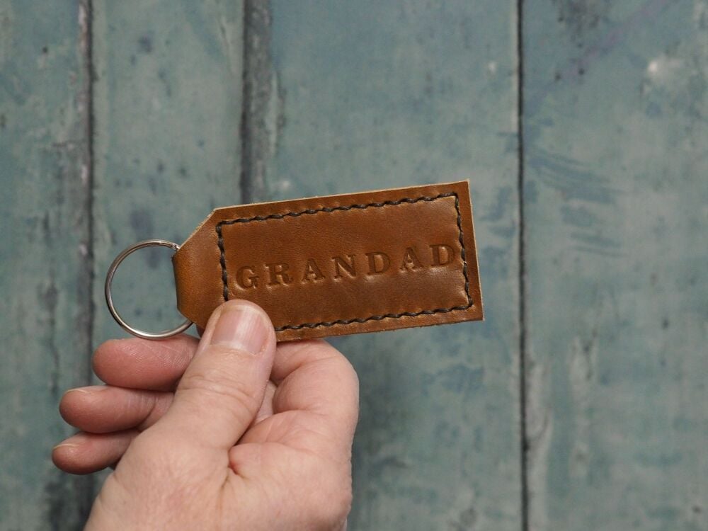 Handmade Leather Personalised Key Ring Gift for Grandad - Hand Dyed Tan Brown & Cream