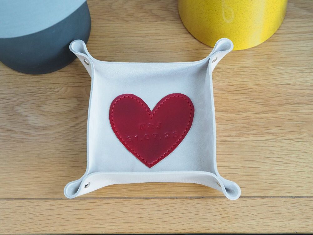 Genuine Handmade Leather Coin Tray - Love Heart Design - Personalised Gift