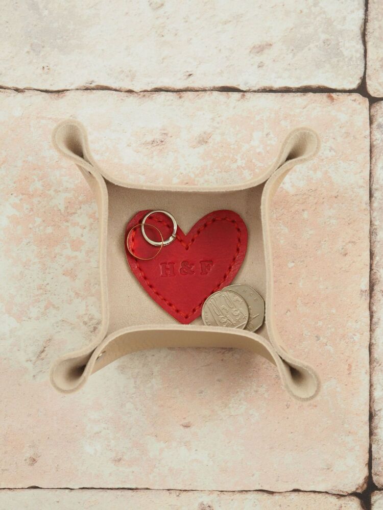 Genuine Handmade Leather Coin Tray - Mini Heart Design - Multi Coloured Options - Personalised Gift
