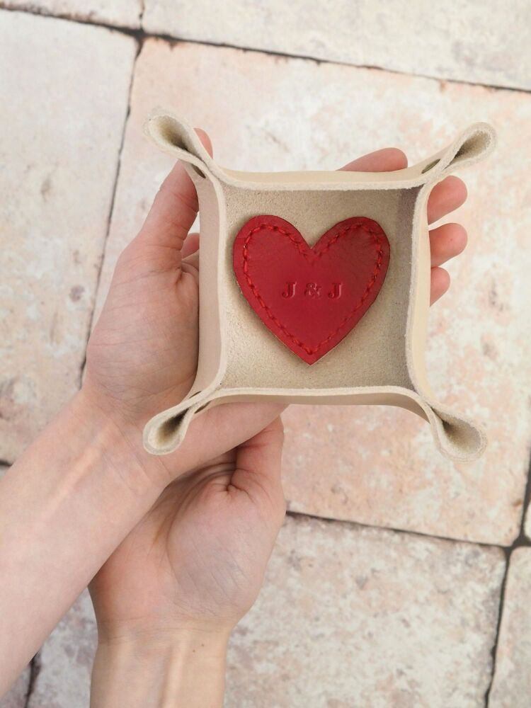 Genuine Handmade Leather Coin Tray - Mini Heart Design - Multi Coloured Options - Personalised Gift