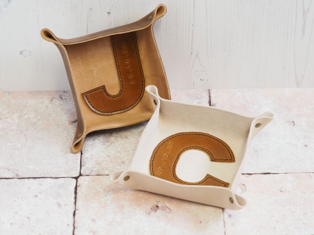 Genuine Handmade Leather Coin Tray - Large Letter Design - Multi Coloured Options - Personalised Gift