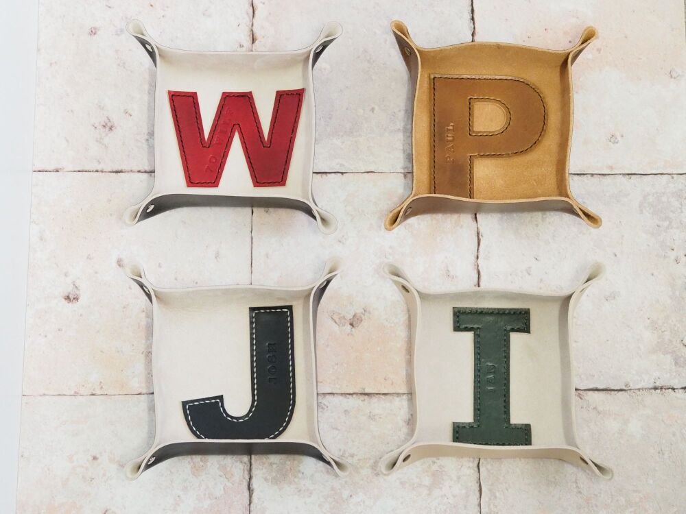 Genuine Handmade Leather Coin Tray - Large Letter Design - Multi Coloured Options - Personalised Gift