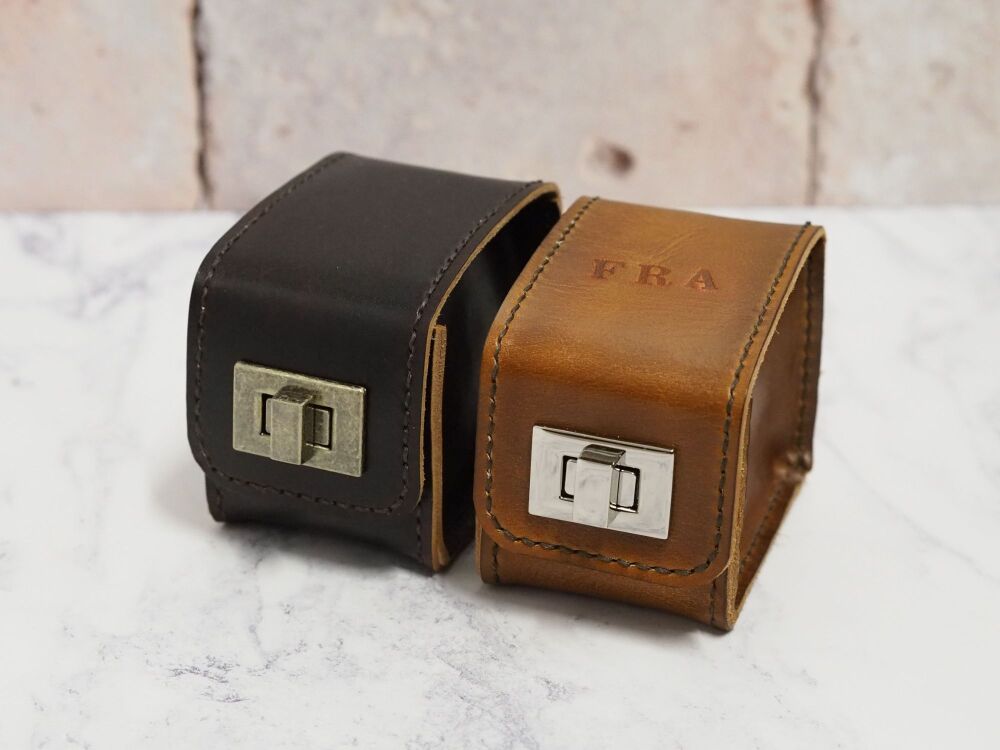Personalised Leather Watch Carry Case - Hand Dyed Tan Brown & Dark Brown