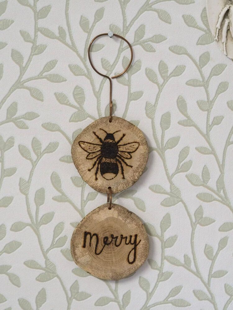 Wood Slice & Copper Hanging Bee Merry Decoration - SUPER SECONDS