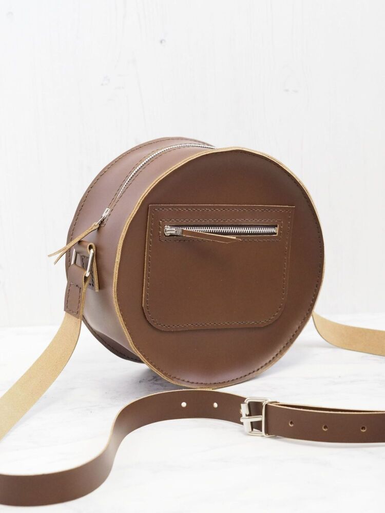 Genuine Hand Stitched Leather Circular Bag - Chocolate Brown