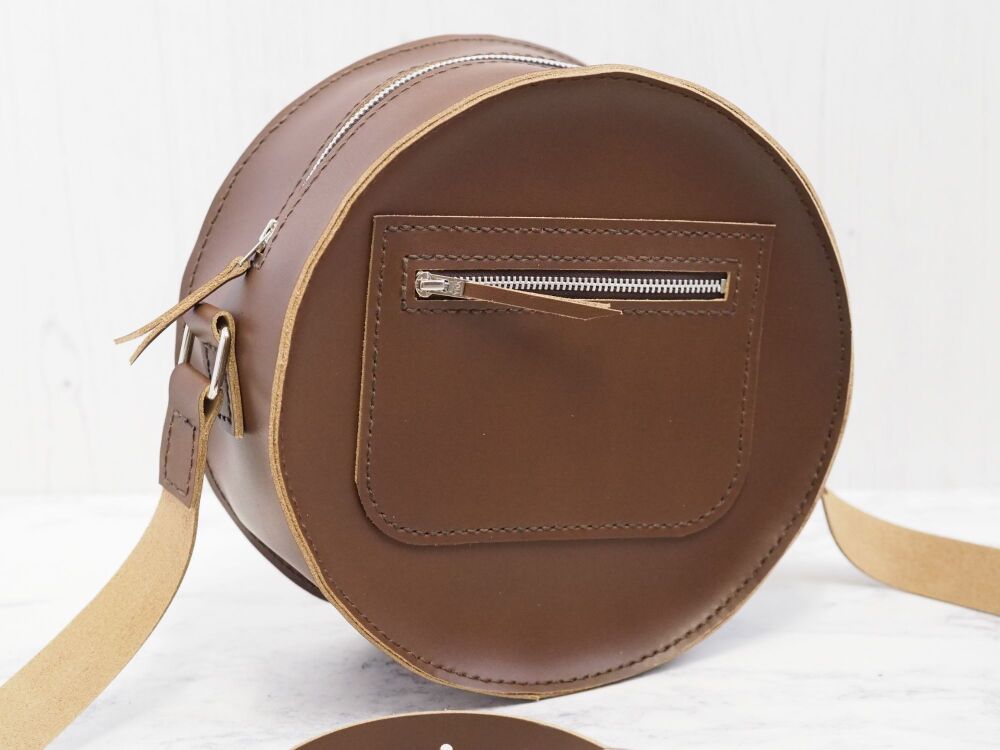 Genuine Hand Stitched Leather Circular Bag - Chocolate Brown