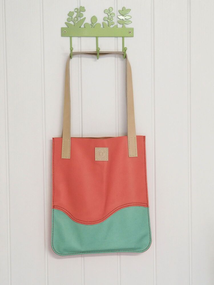 Genuine Hand Stitched Leather Tote Bag - Pink and Mint
