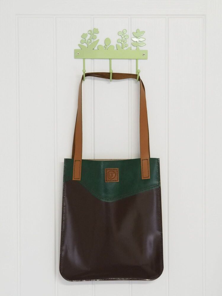 Genuine Hand Stitched Leather Tote Bag - Textured Green Wave, Smooth Brown & London Tan Brown