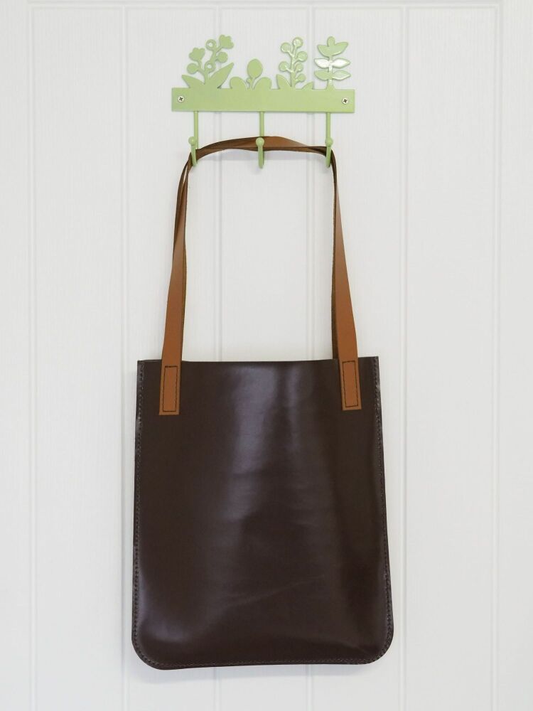 Genuine Hand Stitched Leather Tote Bag - Textured Green Wave, Smooth Brown & London Tan Brown