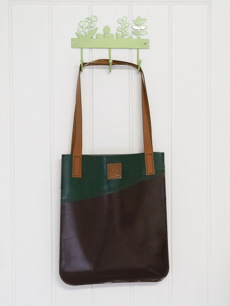 Genuine Hand Stitched Leather Tote Bag - Textured Green Angle, Smooth Brown & London Tan Brown