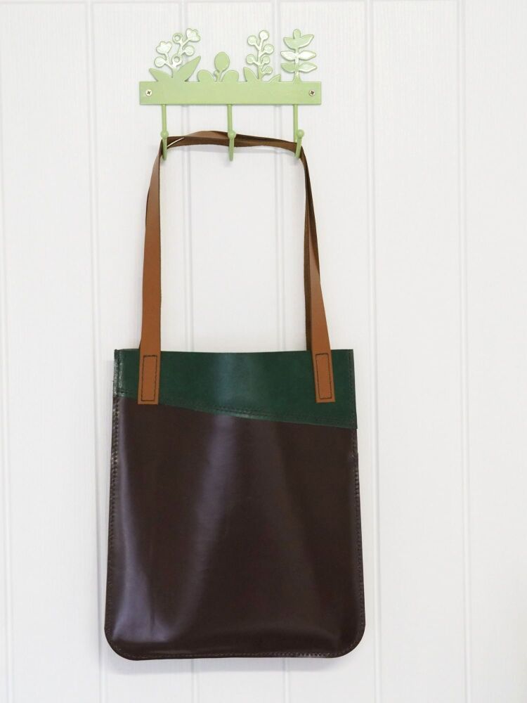 Genuine Hand Stitched Leather Tote Bag - Textured Green Angle, Smooth Brown & London Tan Brown