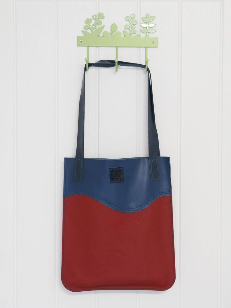 Genuine Hand Stitched Leather Tote Bag - Blue and Red