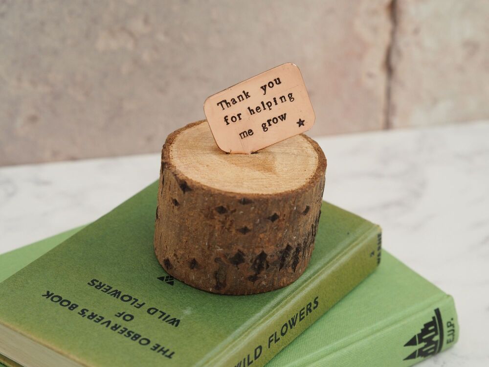 Wooden Log & Copper Quote Display - Thank you for Helping Me Grow - Seconds