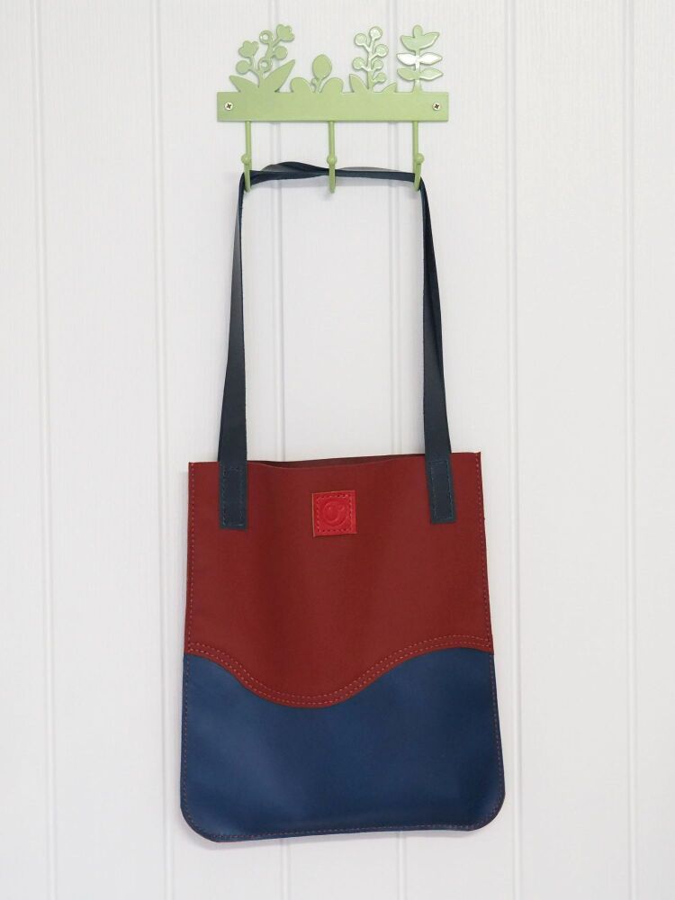 Genuine Hand Stitched Leather Tote Bag - Red and Blue Wave