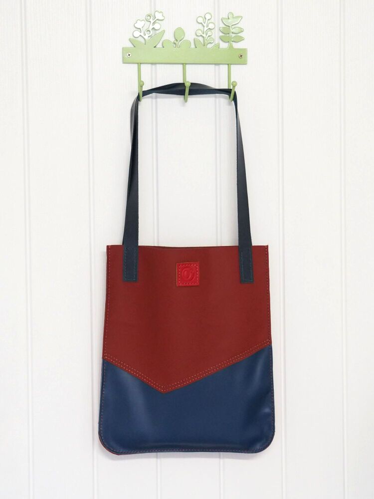 Genuine Hand Stitched Leather Tote Bag - Red and Blue Point