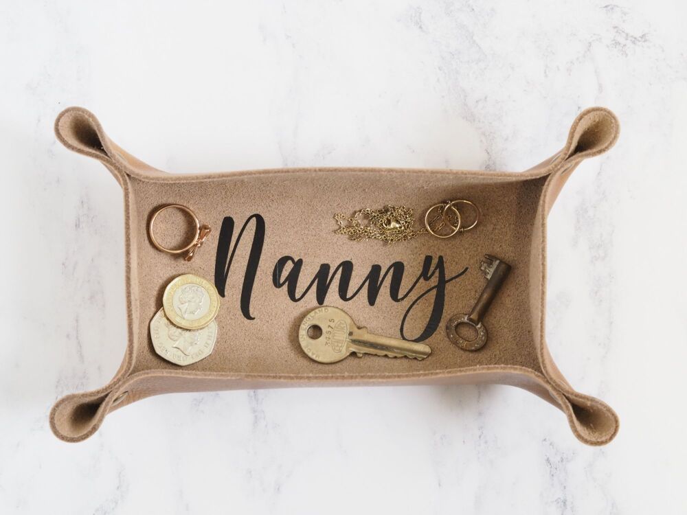 Leather Rectangle Coin Tray with Vinyl - Nanny - Tan Brown - SUPER SECONDS