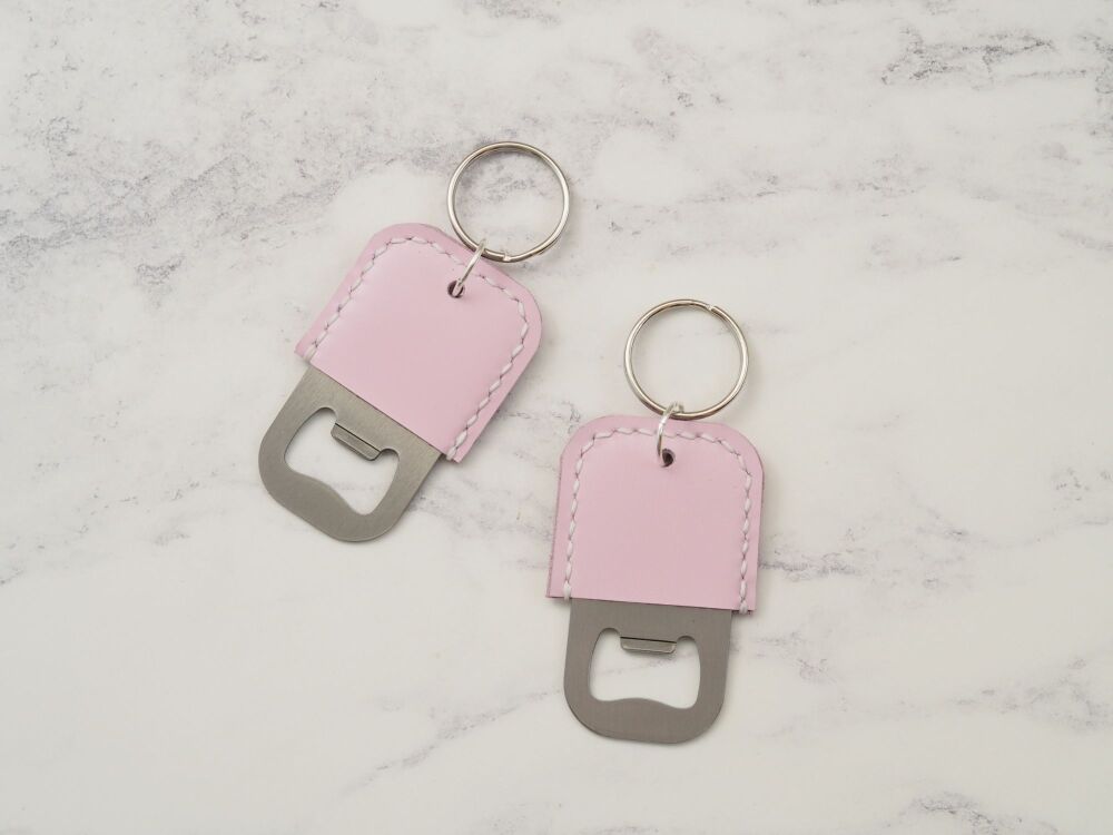 Handmade Leather Bottle Opener Key Ring - Pastel Pink