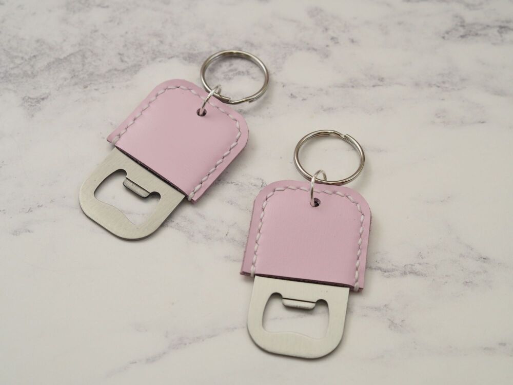 Handmade Leather Bottle Opener Key Ring - Pastel Pink