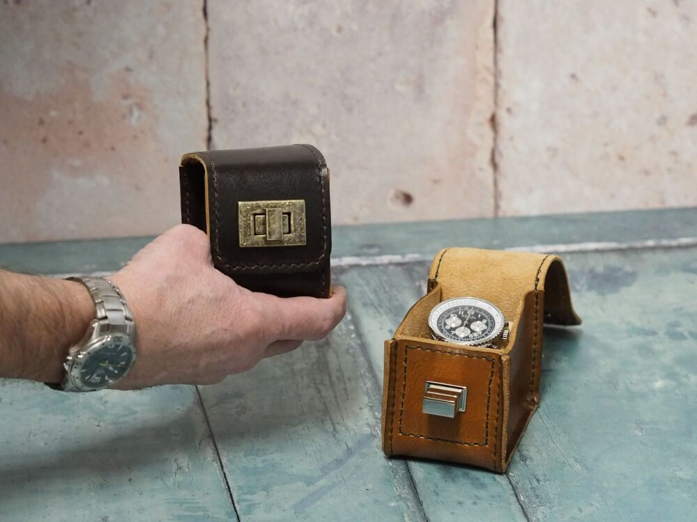 Personalised Leather Watch Carry Case - Hand Dyed Tan Brown & Dark Brown - SUPER SECONDS
