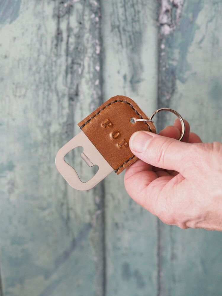 Handmade Leather Personalised Bottle Opener Key Ring - Multiple Colours