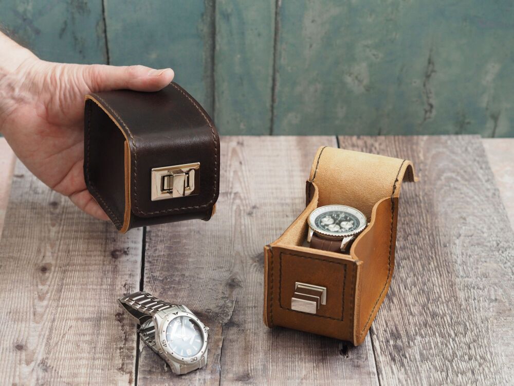 Personalised Leather Watch Carry Case - Hand Dyed Tan Brown & Dark Brown