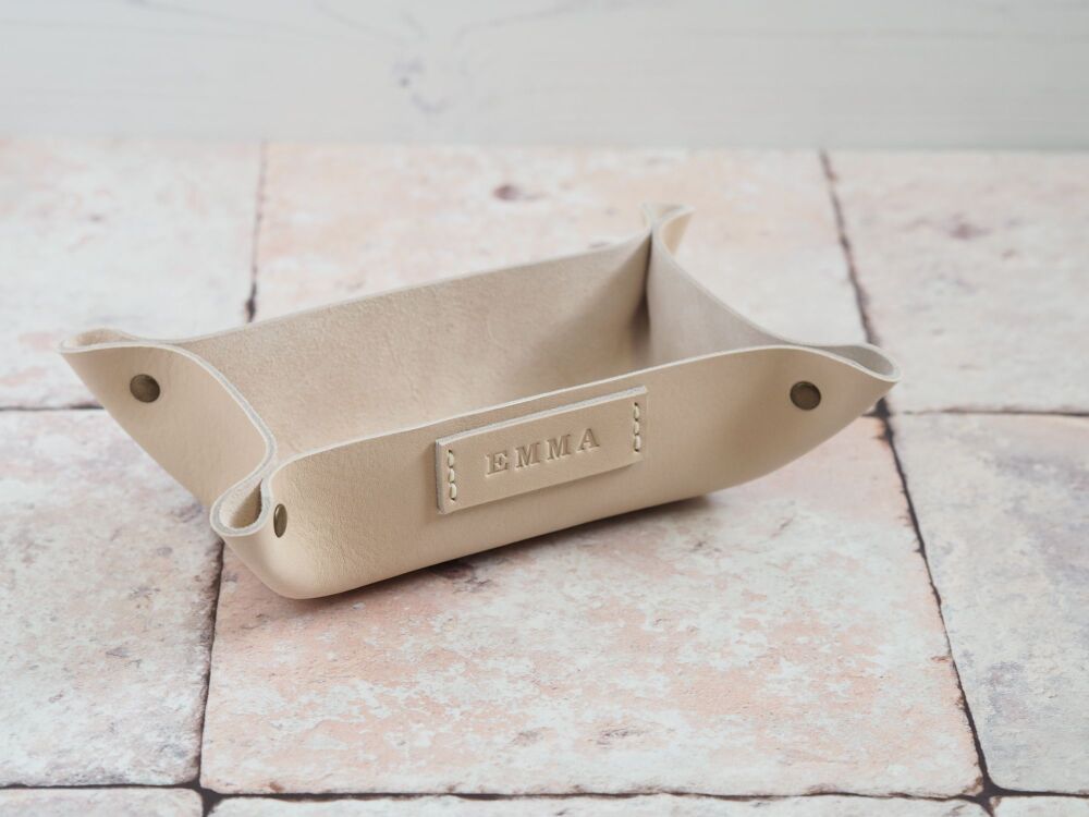 Personalised Leather Coin Tray - Small Rectangle - Hand Dyed Tan Brown & Natural Cream