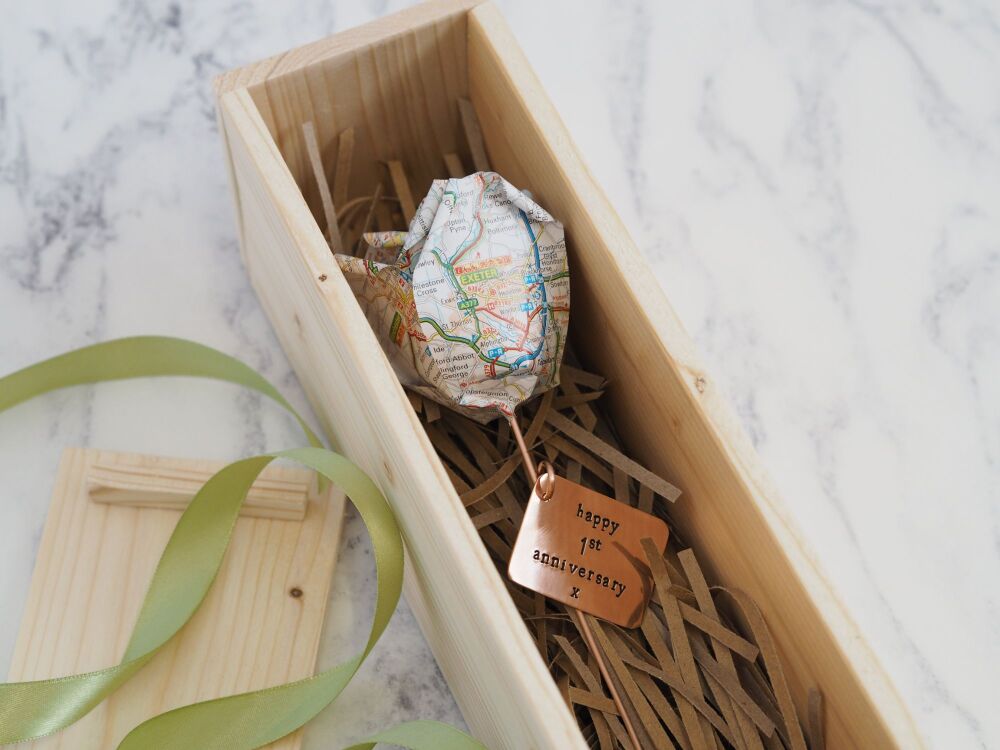 Personalised map paper rose inside a wooden display box