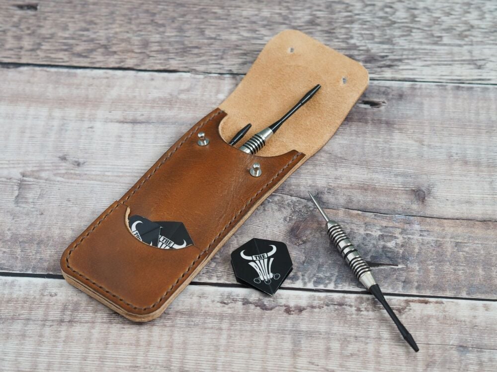 Personalised Leather Darts Carry Case - Handmade Darts Sleeve - Hand Dyed Tan Brown & Natural Cream