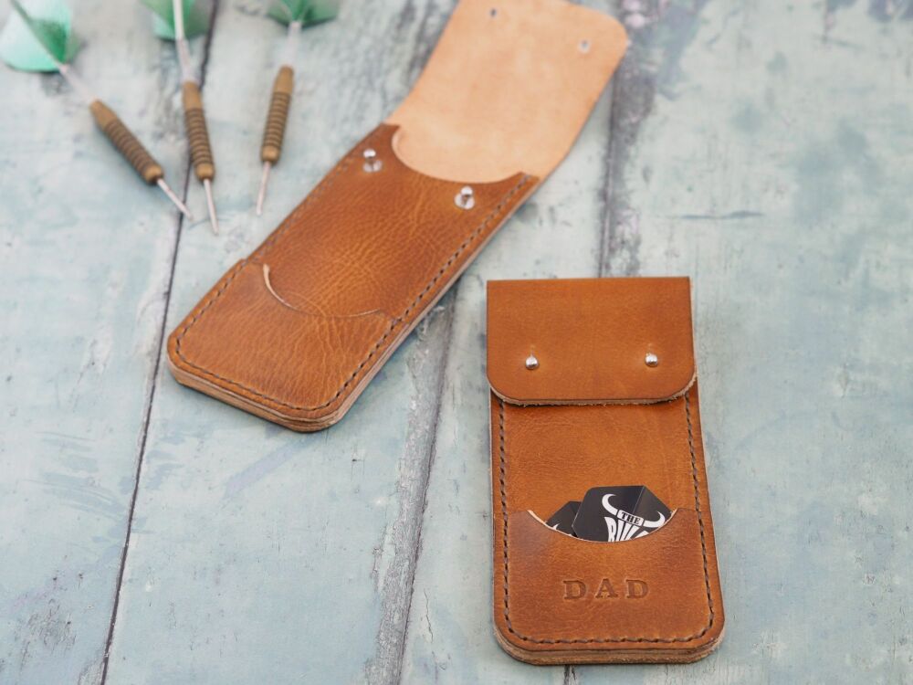 Personalised Leather Darts Carry Case - Handmade Darts Sleeve - Hand Dyed Tan Brown & Natural Cream