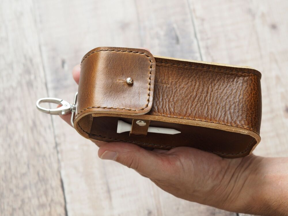 Personalised Leather Golf Ball and Tee Carry Case - Hand Dyed Tan Brown & Cream