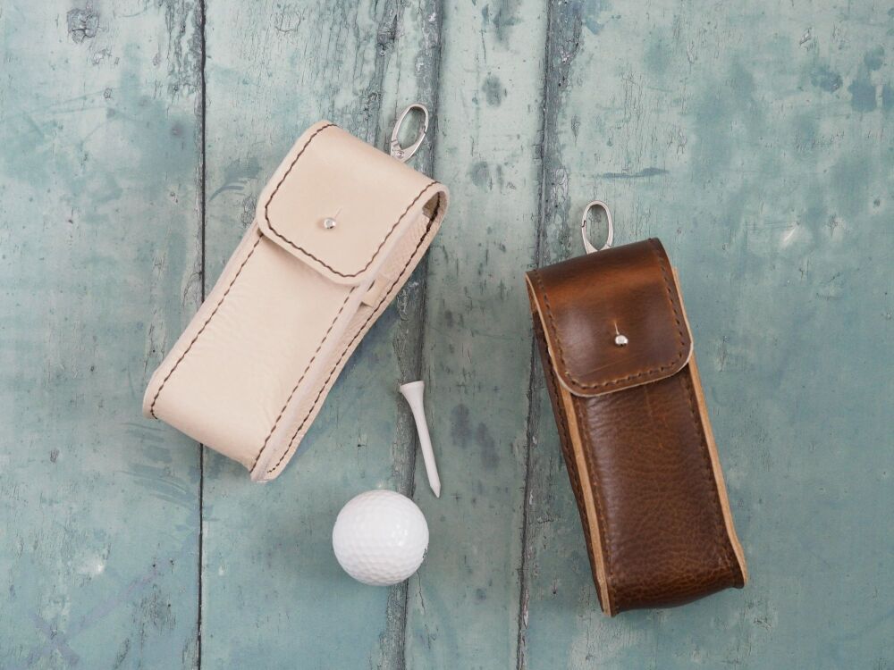 Personalised Leather Golf Ball and Tee Carry Case - Hand Dyed Tan Brown & Cream