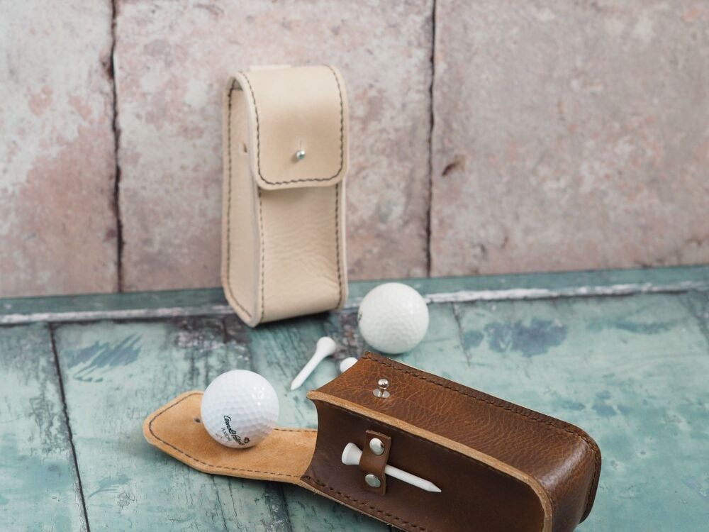 Personalised Leather Golf Ball and Tee Carry Case - Hand Dyed Tan Brown & Cream