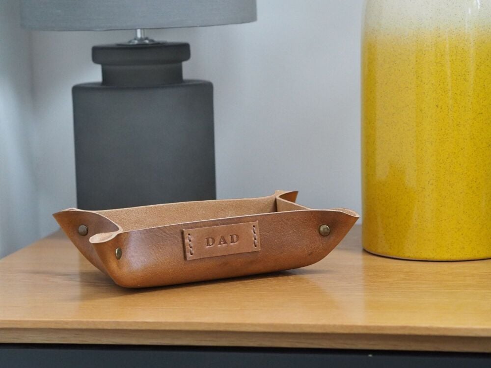 Personalised Leather Coin Tray - Small Rectangle - Hand Dyed Tan Brown & Natural Cream