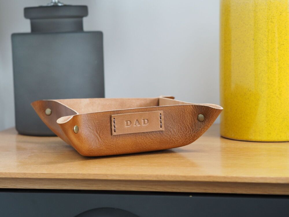 Personalised Leather Coin Tray - Square - Hand Dyed Tan Brown