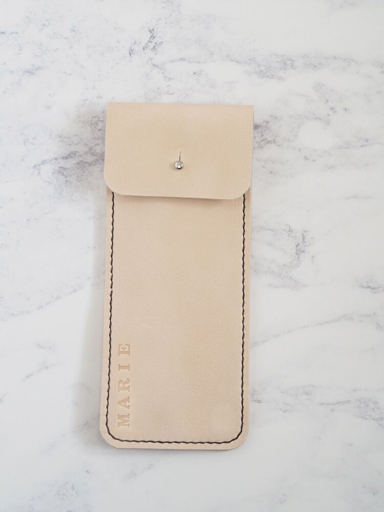 Personalised Leather Pencil Sleeve - Gift for Teachers - Hand Dyed Tan Brown & Cream