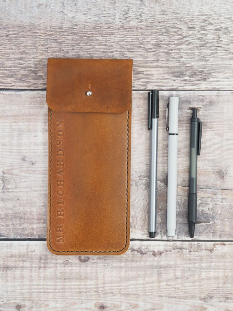 Personalised Leather Pencil Sleeve - Gift for Teachers - Hand Dyed Tan Brown & Cream
