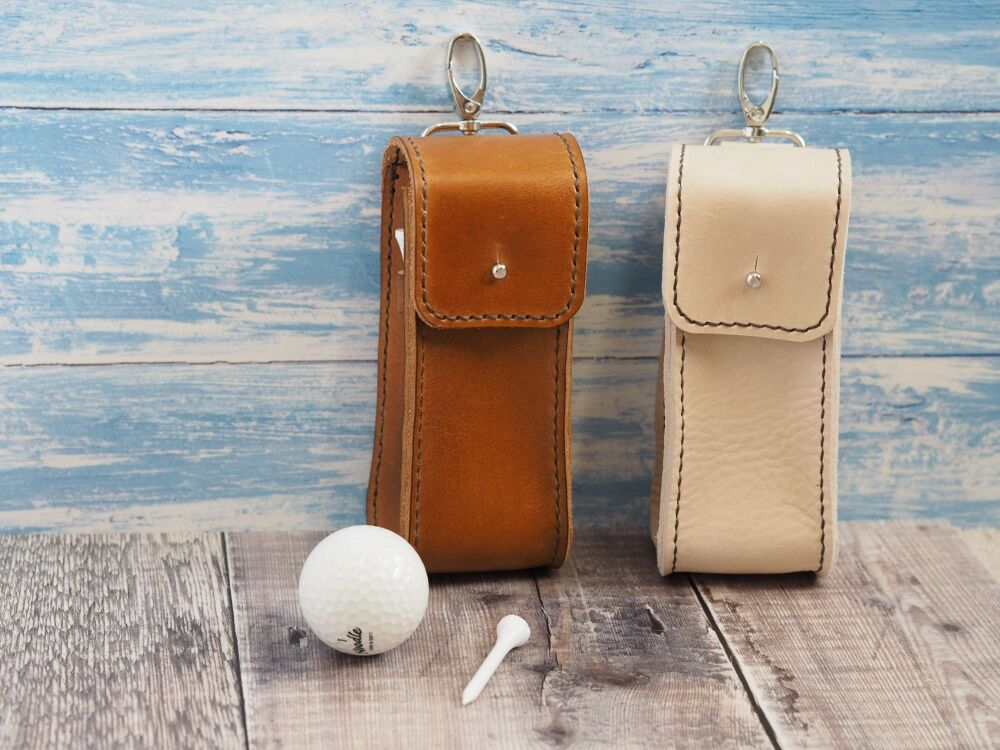 Personalised Leather Golf Ball and Tee Carry Case - Hand Dyed Tan Brown & Cream