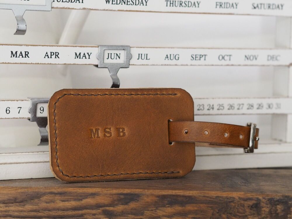 Personalised Leather Handmade Luggage Tag - Hand Dyed Tan Brown & Cream