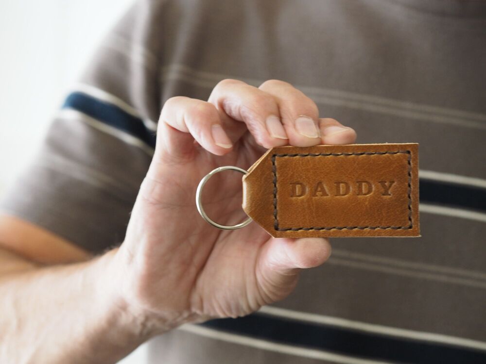 Personalised Leather Key Ring Gift - Classic Tag Shape - Hand Dyed Tan Brown & Cream
