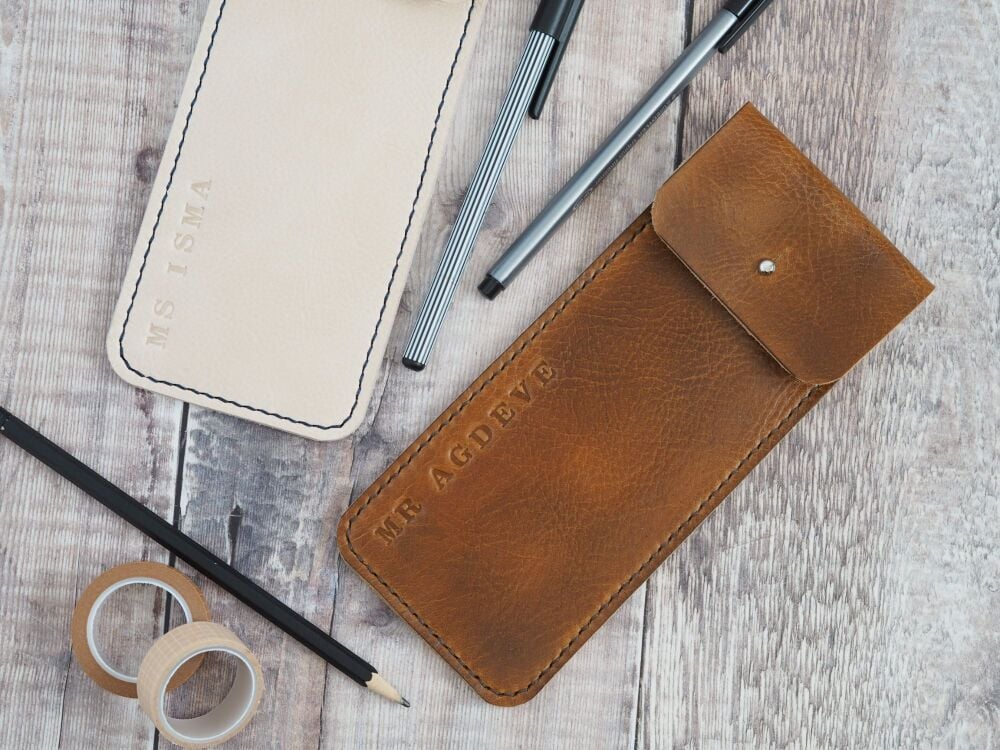 Personalised Leather Pencil Sleeve - Gift for Teachers - Hand Dyed Tan Brown & Cream