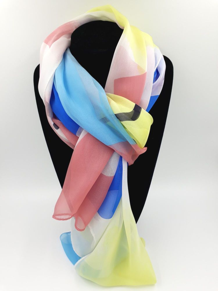 Blue, Coral, Yellow Abstract Pattern 100% Silk Scarf
