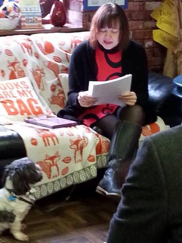 Karen book reading with Bailey listening